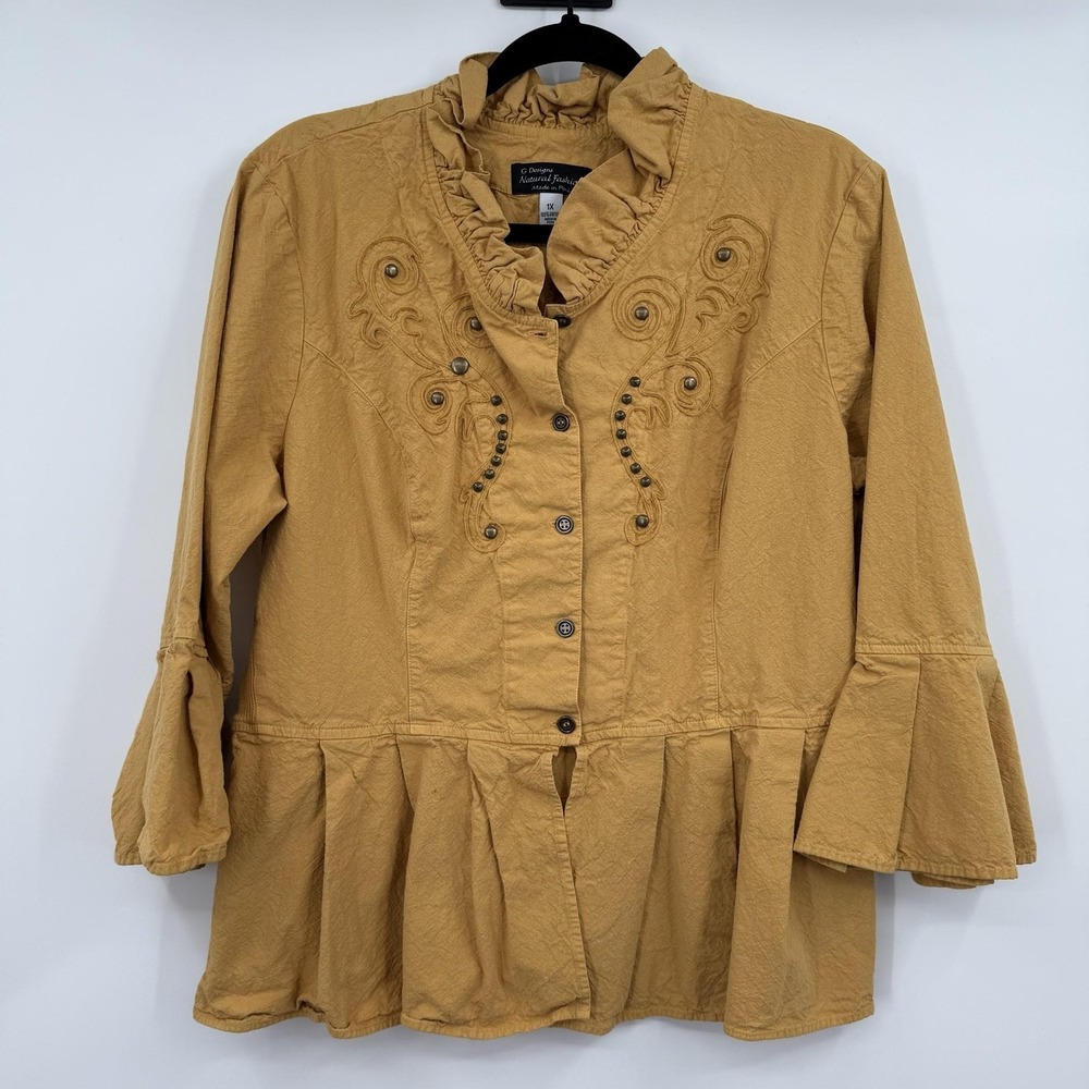 G Designs Natural Fashions Tunic Shirt Womens 1X Yellow Embroidered Studded‎